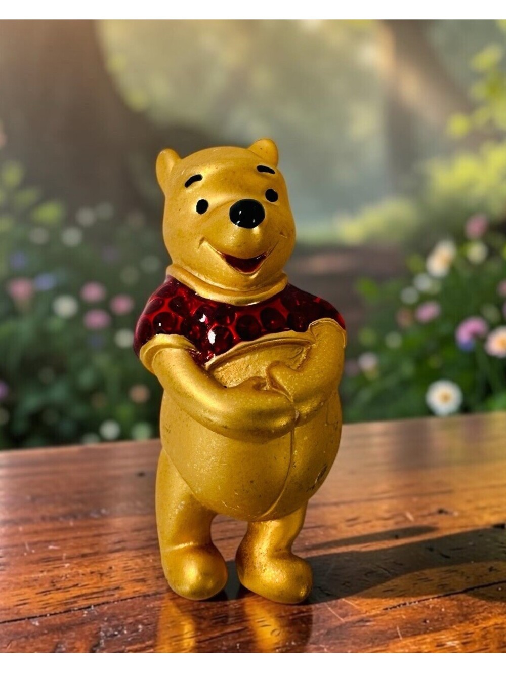 Vintage Disney Winnie The Pooh Brooch Pin Gold Tone Textured Red Sparkle Shirt